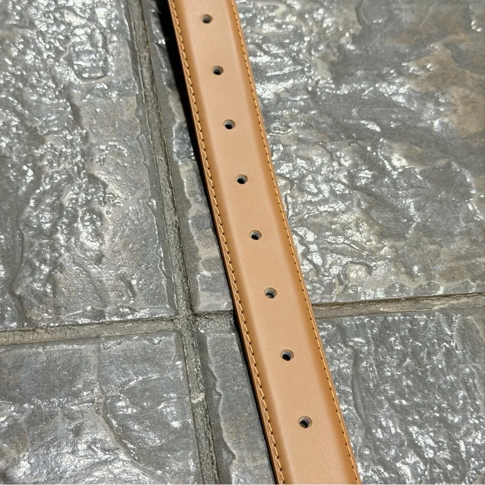 Tan Leather Belt with Oversized Gold Statement Buckle Classic Waist Belt